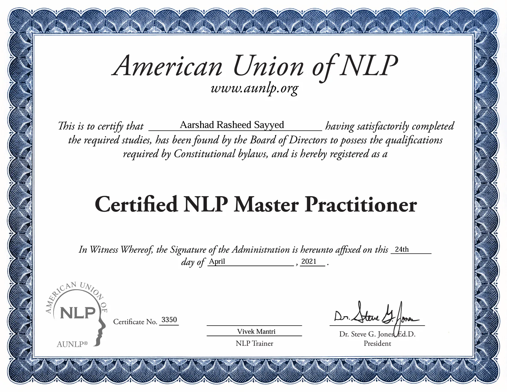 NLP Master Practitioner certificate